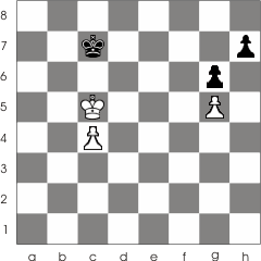 White wins by bringing Black in a zugzwang position. This is the same example from the opposition article with a few pawns added